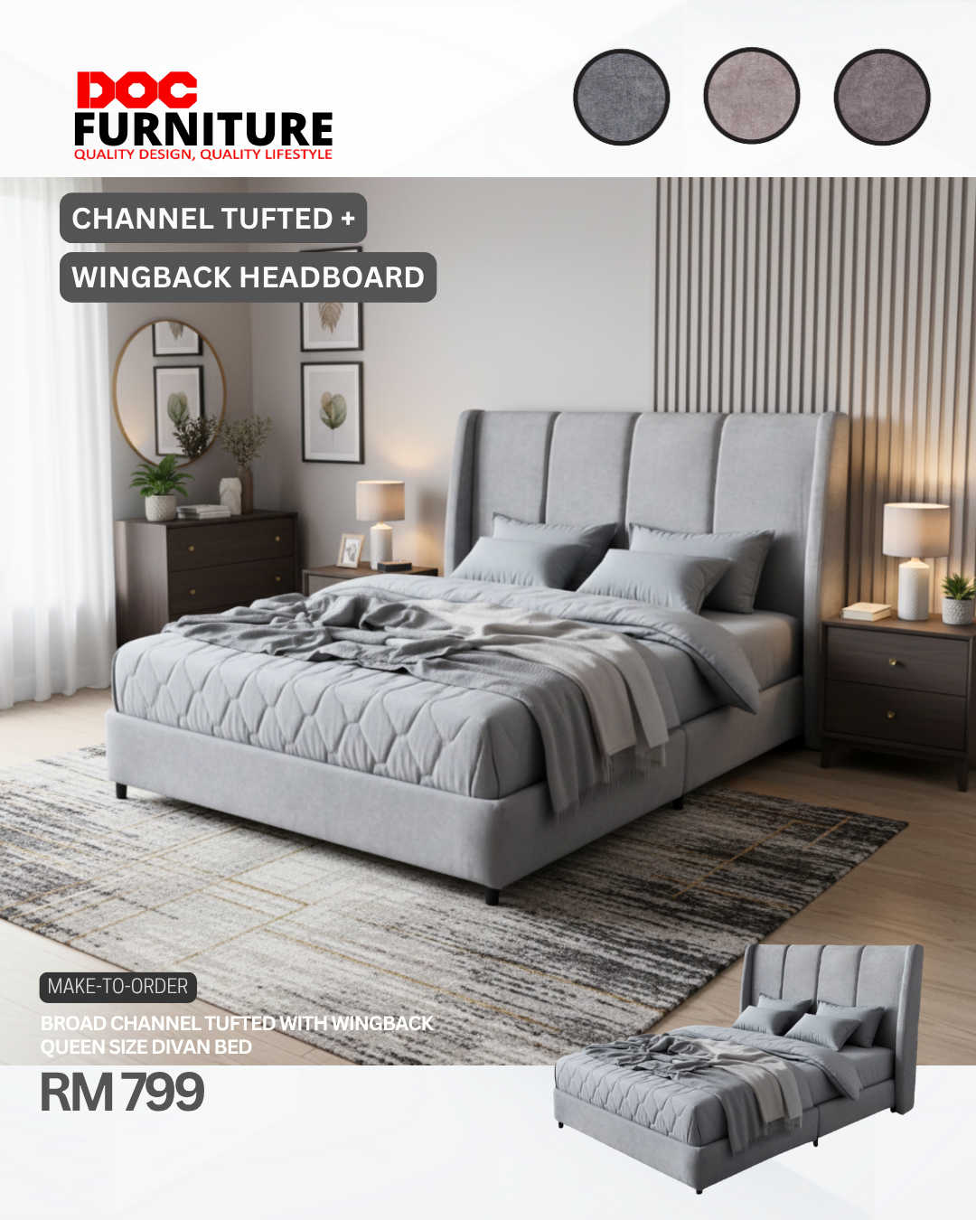 Bedroom set with bed and side tables — D.O.C Furniture Miri