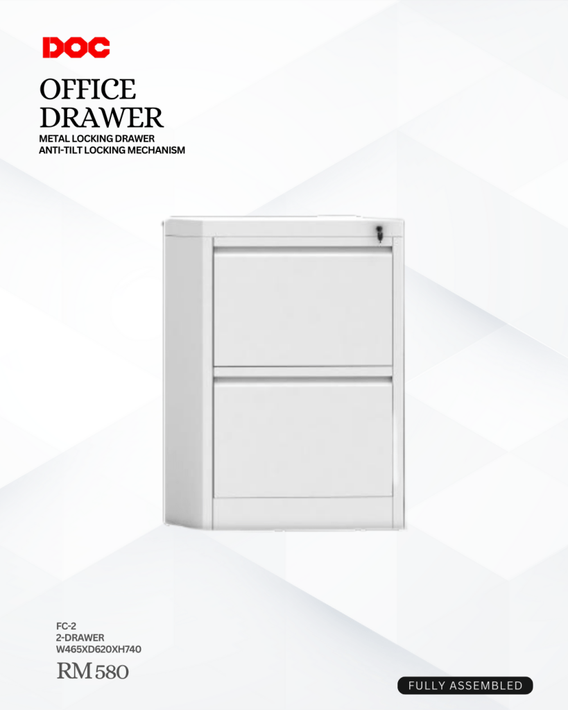 White 3-drawer office cabinet with a metal locking and anti-tilt mechanism, shown fully assembled against a light geometric background. Price listed as RM 580.