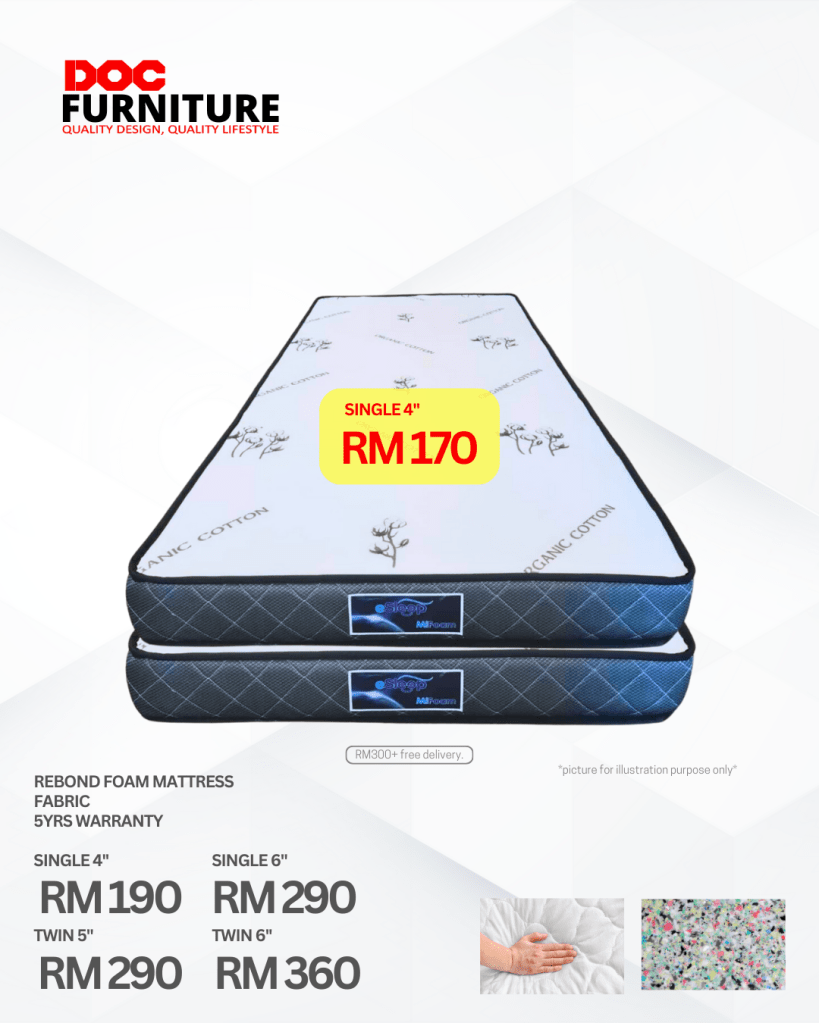 Dreaming of better sleep? 😴 Get quality rest without breaking the bank! ✨ Our DOC Furniture Rebond Foam Mattress starts from just RM170 for the Single 4"! Featuring Zinc+ cotton fabric and a 5-year warranty for peace of mind. Plus, enjoy free delivery on orders over RM300!

#MattressSale #DOCFurniture #SleepWell #AffordableFurniture #HomeGoods