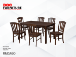 A dark brown wooden dining set features a rectangular table and six chairs with slatted backs, accompanied by the DOC FURNITURE logo and product details: 'DS C604W DINING TABLE 6 SEATER RM 1480'.