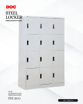 a DOC steel locker with 12 doors, each equipped with a lock. The locker has dimensions of 915mm in width, 460mm in depth, and 1830mm in height. The price listed is RM 1800, and there is a "PRE ORDER" button visible.