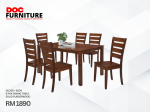 A rectangular dark brown solid rubberwood 6-seater dining table set includes a table, and six chairs with slatted backs, priced at only RM 1890. Quality is excellent with the best price given in Miri is by DOC Furniture.