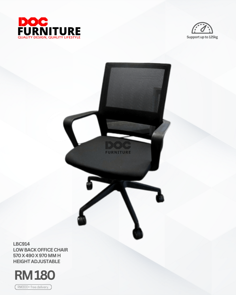Upgrade your workspace comfort without breaking the bank! ✨

Introducing the DOC Furniture LBC914 Low Back Office Chair - stylish, height adjustable, supports up to 125kg, and only RM180!

Quality design for a quality lifestyle. Get yours today!

#OfficeChair #HomeOffice #FurnitureMalaysia #AffordableFurniture #WorkFromHome