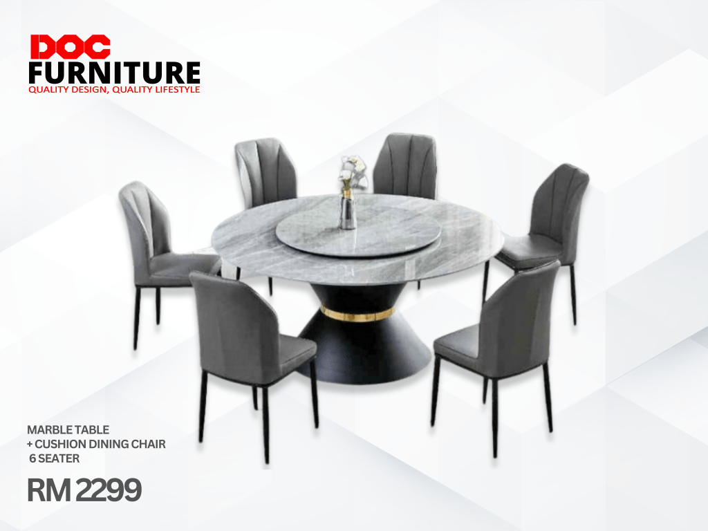 A 6-seater dining set features a round grey marble table with a Lazy Susan and a black conical base with a gold band, surrounded by six grey cushioned dining chairs with black steel frame, priced at only RM 2299, it is among the best in Miri, Sarawak.