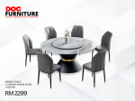 A 6-seater dining set features a round grey marble table with a Lazy Susan and a black conical base with a gold band, surrounded by six grey cushioned dining chairs with black steel frame, priced at only RM 2299, it is among the best in Miri, Sarawak.