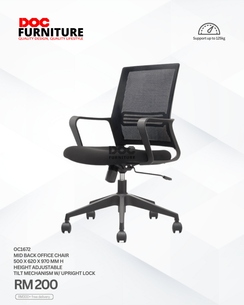 Upgrade your workspace comfort without breaking the bank! ✨ Get our stylish and ergonomic Mid Back Office Chair OC1672 for just RM 200! Height adjustable with tilt mechanism, supporting up to 125kg. Quality design for a quality lifestyle.

#OfficeChair #WorkFromHome #FurnitureMalaysia #AffordableFurniture #DOCFurniture

Get yours today!