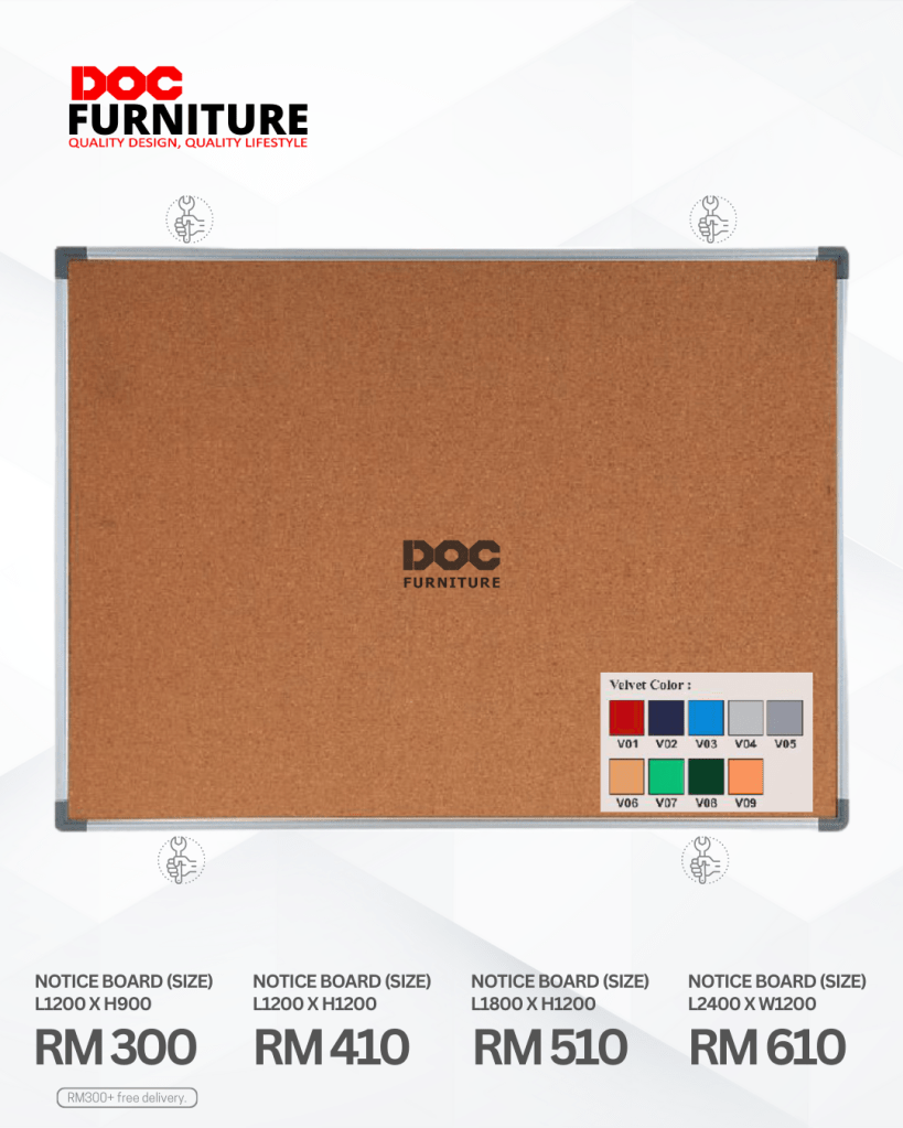 Pin your plans, memories, and inspirations! ✨ Stay organized in style with our versatile cork notice boards from DOC Furniture. Available in multiple sizes to fit any space, with prices starting from just RM300! Plus, enjoy FREE delivery on orders RM300+.

Find your perfect size and get organized today!

#NoticeBoard #CorkBoard #Organization #HomeOffice #DOCFurniture