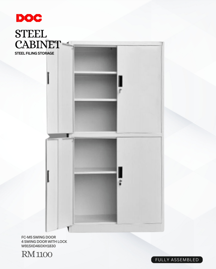 A DOC steel cabinet with 4 swing doors, each equipped with a lock. The cabinet has dimensions of 915mm in width, 460mm in depth, and 1830mm in height. The price listed is RM 1100, and it is fully assembled.
