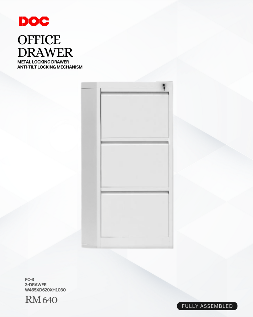 White 3-drawer office cabinet with a metal locking and anti-tilt mechanism, shown fully assembled against a light geometric background. Price listed as RM 640.