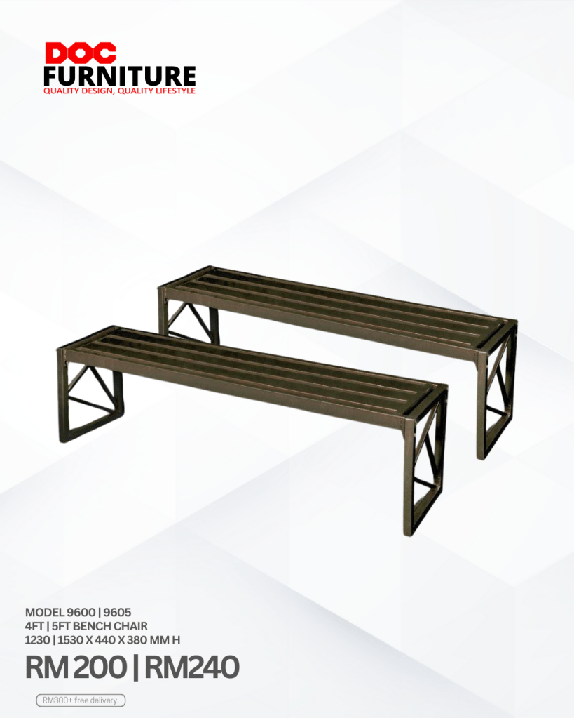 A product photo displays two dark, industrial-style metal benches with slatted seats, representing the 4ft model priced at only RM200 and the 5ft model priced slightly more at only RM240, from DOC Furniture.