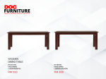 A post from DOC Furniture displays two rectangular, dark reddish-brown wooden dining tables: a smaller six-person table (1500x900x740mm) priced at RM 500, and a larger eight-person table (2000x1000x740mm) priced at RM 800.