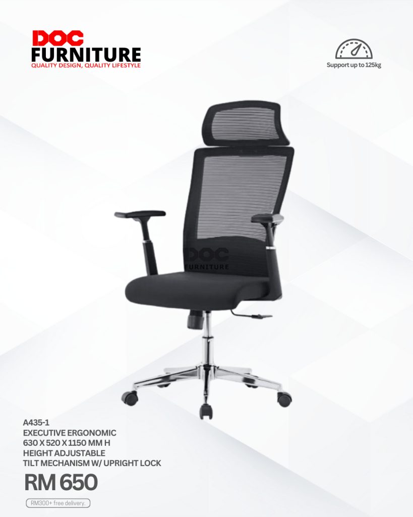 Sit comfortably, work better! ✨ Upgrade your workspace with our A435-1 Executive Ergonomic Chair. Features adjustable height and tilt mechanism for ultimate support. Quality design for your quality lifestyle!

Get yours for only RM 650! Enjoy FREE delivery for purchases over RM300.

#DOCFurniture #ErgonomicChair #OfficeChair #HomeOffice #QualityDesign