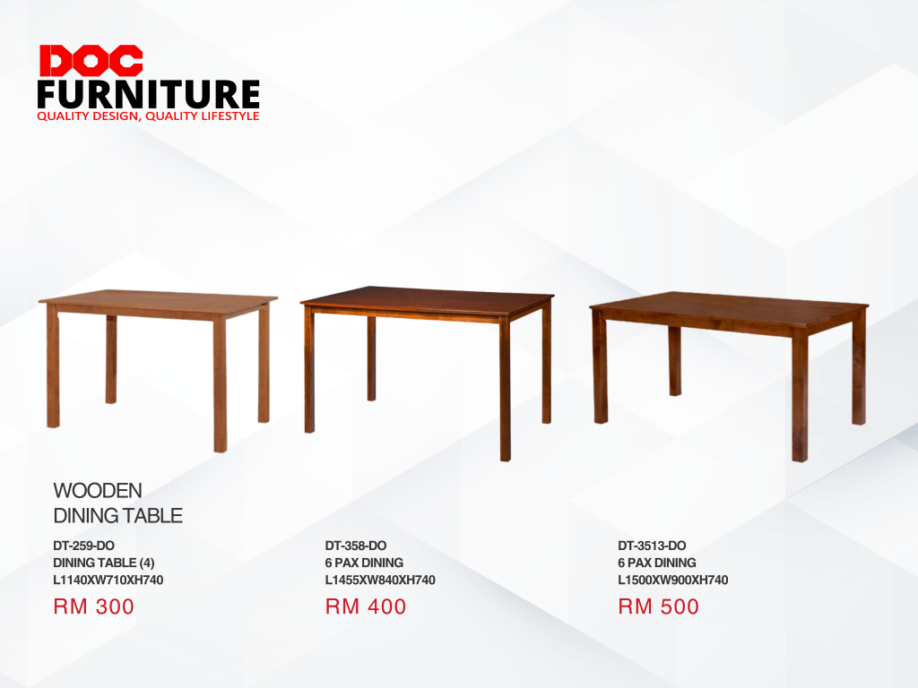 A post from DOC FURNITURE displays three oak color wooden dining tables: a rectangular 4-seater for RM 300, a rectangular 6-seater for RM 400, and a larger rectangular 6-seater for RM 500.