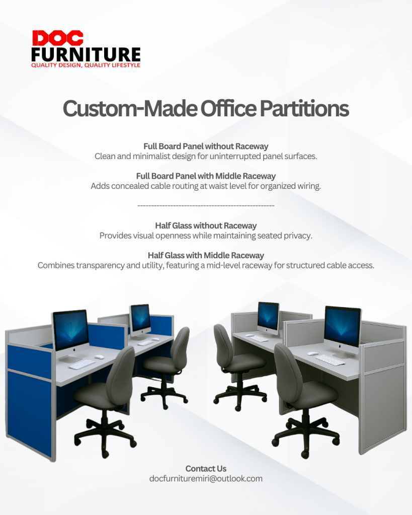 Transform your workspace! ✨ Custom-made office partitions from DOC Furniture bring quality design and a quality lifestyle to your office. Choose from full panels for focus or half glass for openness, with options for seamless cable management. Create the perfect environment for productivity!

#OfficeDesign #OfficeFurniture #CustomFurniture #WorkspaceGoals #QualityFurniture

Ready to upgrade your office? Contact us!