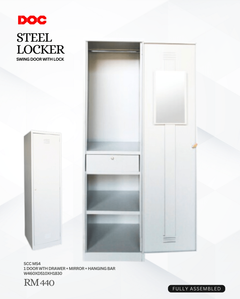 A steel locker with a swing door and lock. The locker includes a drawer, mirror, and hanging bar, and its dimensions are W460 x D510 x H1830 mm. The brand "DOC" is featured in the image, and the price is listed as RM 440, fully assembled.