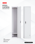 A steel locker branded as DOC, specifically model L1-18. The locker is shown in two views—one with the door open, displaying a hanging bar and shelf, and another with the door closed. Its dimensions are W380 x D460 x H1830 mm, and the listed price is RM 440, fully assembled.