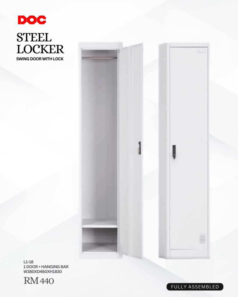 A steel locker branded as DOC, specifically model L1-18. The locker is shown in two views—one with the door open, displaying a hanging bar and shelf, and another with the door closed. Its dimensions are W380 x D460 x H1830 mm, and the listed price is RM 440, fully assembled.