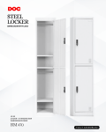 a steel locker branded as DOC, specifically model L2-18. The locker is shown in two views—one with the door open, displaying a hanging bar and shelf, and another with the door closed. Its dimensions are W380 x D460 x H1830 mm, and the listed price is RM 470, fully assembled.