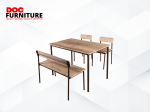 A modern dining set features a rectangular table, two chairs, and a long bench, all with light brown wood grain surfaces and dark metal frames, presented by DOC Furniture