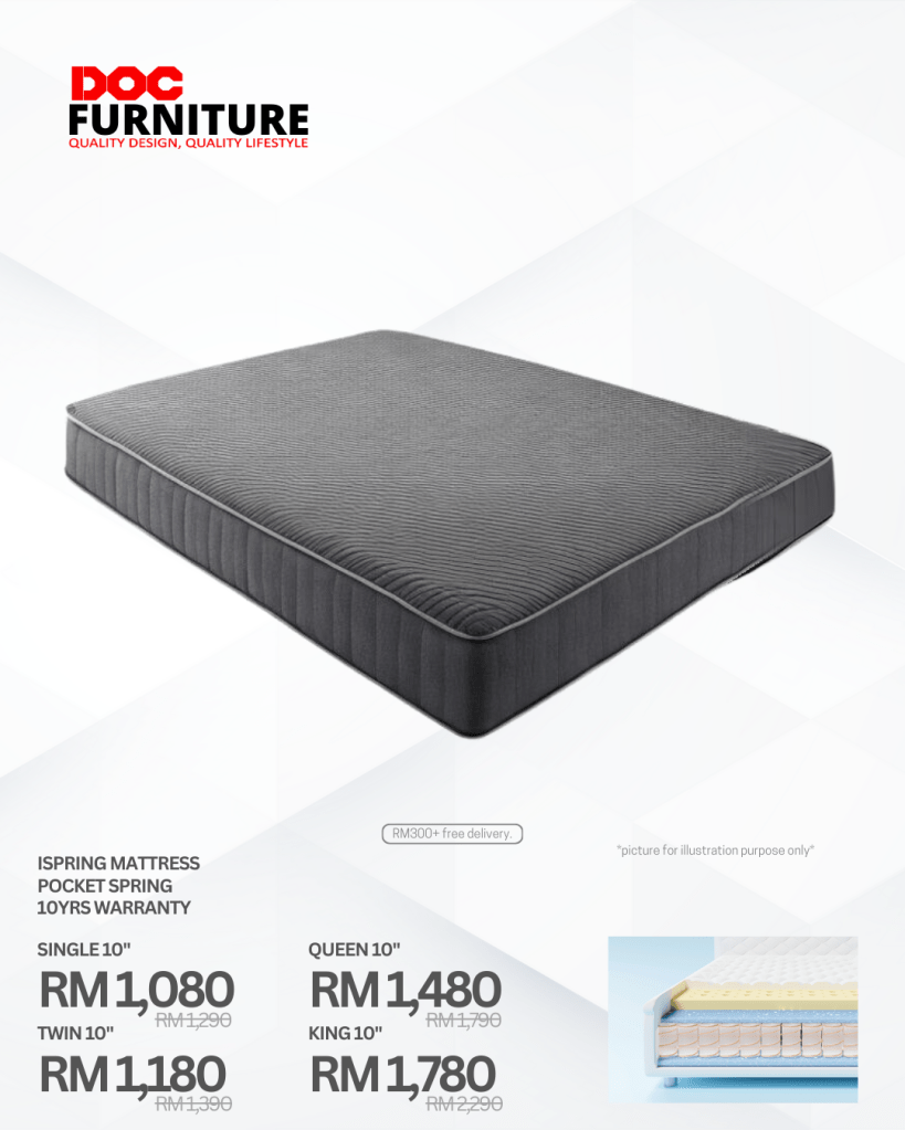 Discover the secret to amazing sleep! 😴 Upgrade to the DOC Furniture iSpring Pocket Spring Mattress for ultimate comfort and support. Enjoy special prices on Queen & King sizes + FREE delivery on orders RM300+! Backed by a 10-year warranty, it's quality sleep guaranteed.

#DOCFurniture #QualitySleep #Mattress #PocketSpring #BedroomGoals #InvestInSleep