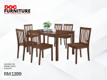 DOC Furniture's dark wooden DS 2500 dining set, consisting of a rectangular table and six matching slatted-back chairs, is displayed with a small plant, mug, and books on the tabletop, priced at RM 1399.